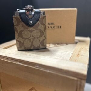 Brand New Authentic Coach Flask - Signature Canvas Calf Leather- Gunmetal/Khaki